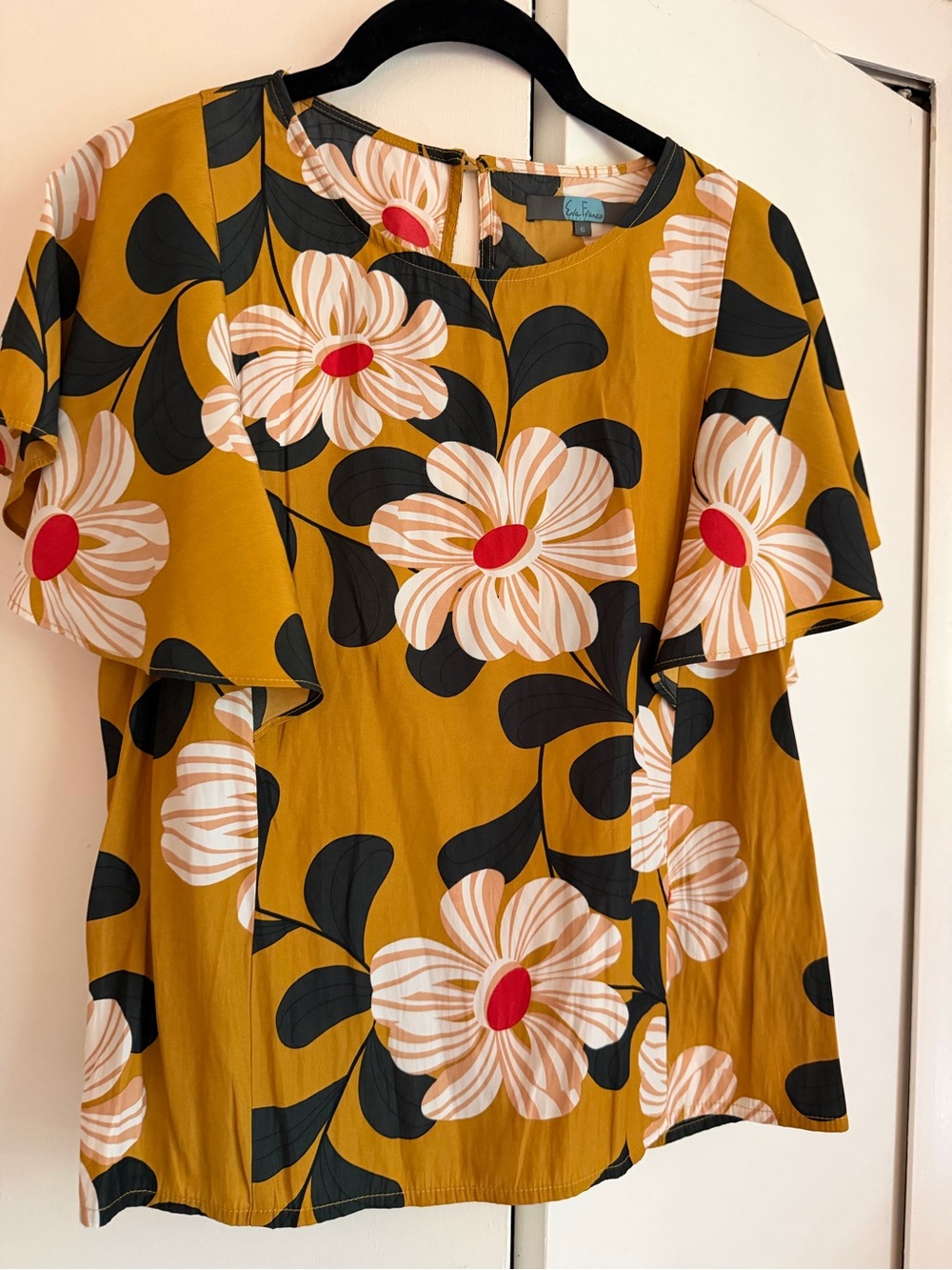 Anthropologie Eva Franco Mustard Floral Short Sleeve Top